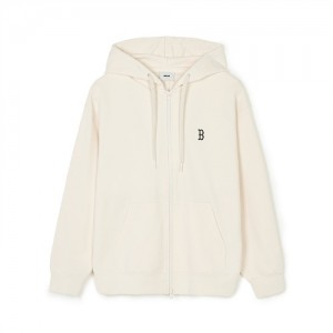 MLB Basic Small Logo Overfit Hood Zip Up Hoodie White | Australia_MLB37869