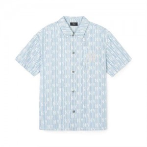 MLB Classic Monogram All Over Stripe Denim Short Sleeve Shirts Blue | Australia_MLB80268