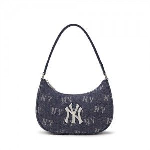 MLB Classic Monogram Denim Hobo Bags Black | Australia_MLB77851