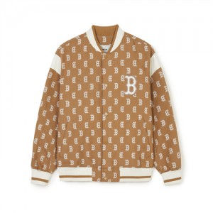 MLB Classic Monogram Jqd Shoulder Block Varsity Outerwear Beige | Australia_MLB55514