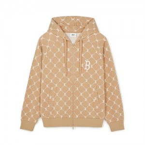 MLB Dia Monogram Jaquard Hood Zip Up Hoodie Beige | Australia_MLB30972