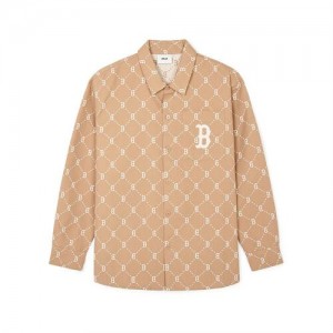 MLB Dia Monogram Jqd Long Sleeve Cotton Button Shirts Beige | Australia_MLB31002