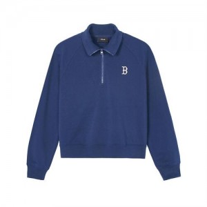MLB Women Basic Small Logo Crop Sweatshirts Blue | Australia_MLB69845