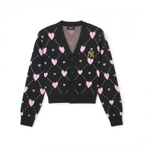 MLB Women`s Heart All Over Pattern Crop Cardigan Sweaters Black | Australia_MLB13106